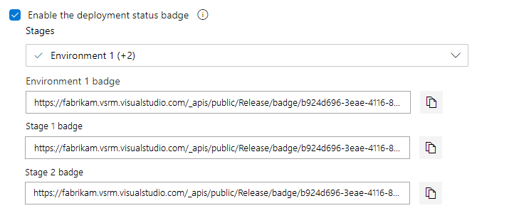 Screenshot of Classic release enable deployment status badge with three stages that you can copy.