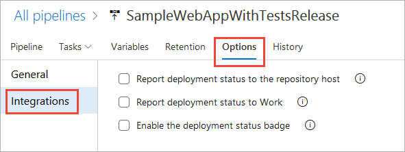 Screenshot of Integrations options for Classic pipelines, Azure DevOps 2019 and earlier versions