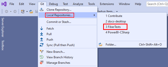 Screenshot of the 'Local Repositories' option in the Git menu in Visual Studio.