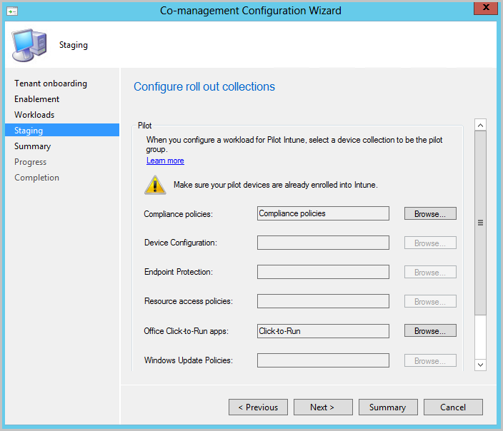 Screenshot of the Staging page of the Co-management Configuration Wizard, with options for specifying pilot collections.