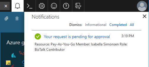 Screenshot showing an activation request pending approval notification.