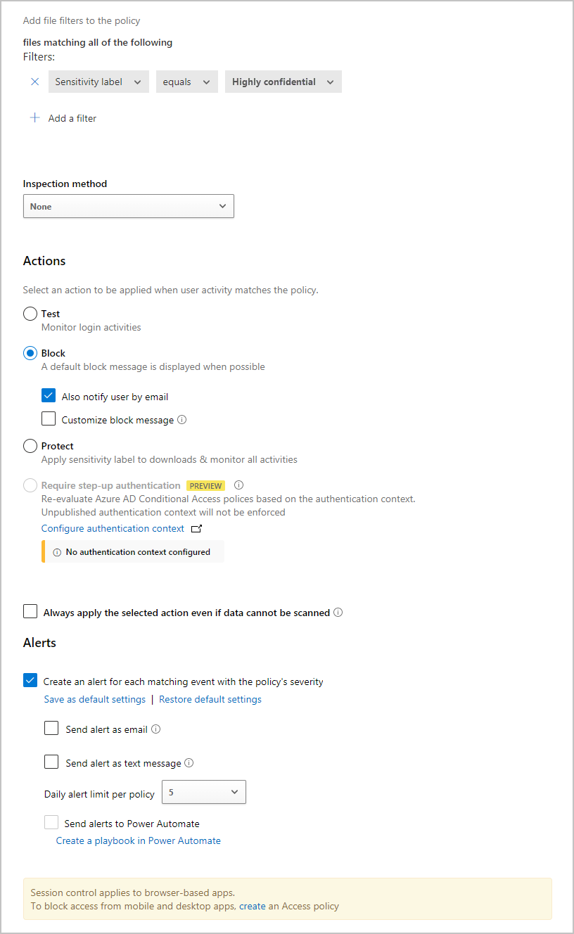Screenshot of the Defender for Cloud App Security window showing the expanded policy configuration options.
