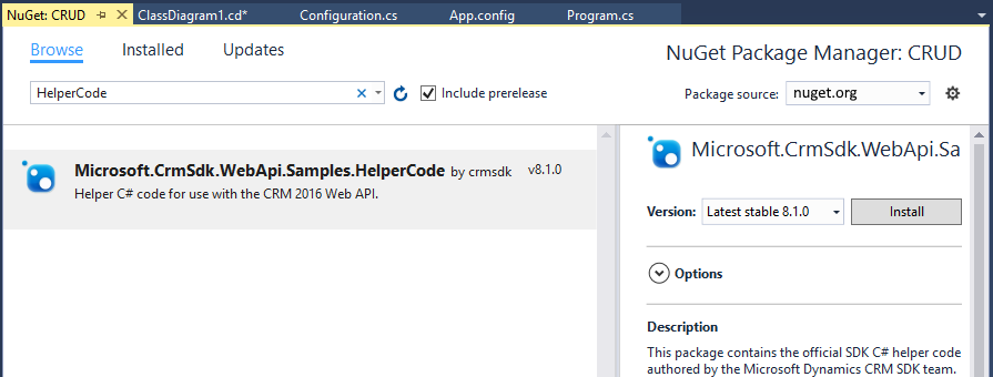 NuGet Package Manager showing Dynamics 365 Helper Code Library (C#)