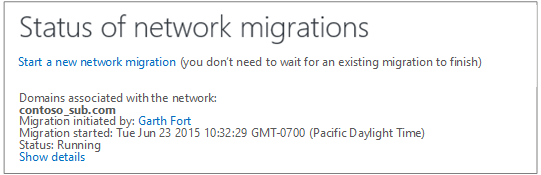 Screen shot showing the Status of network migrations - Yammer network migration is running.