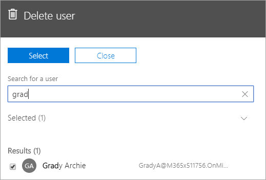 Screenshot showing the command to delete a user in Office 365 administration.