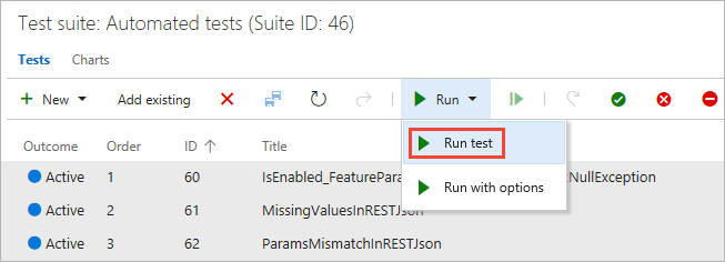 Screenshot shows selecting Run test.