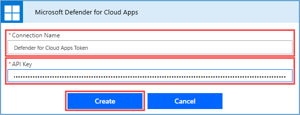 Screenshot of the Defender for Cloud Apps window, showing the name and key entry and create button.
