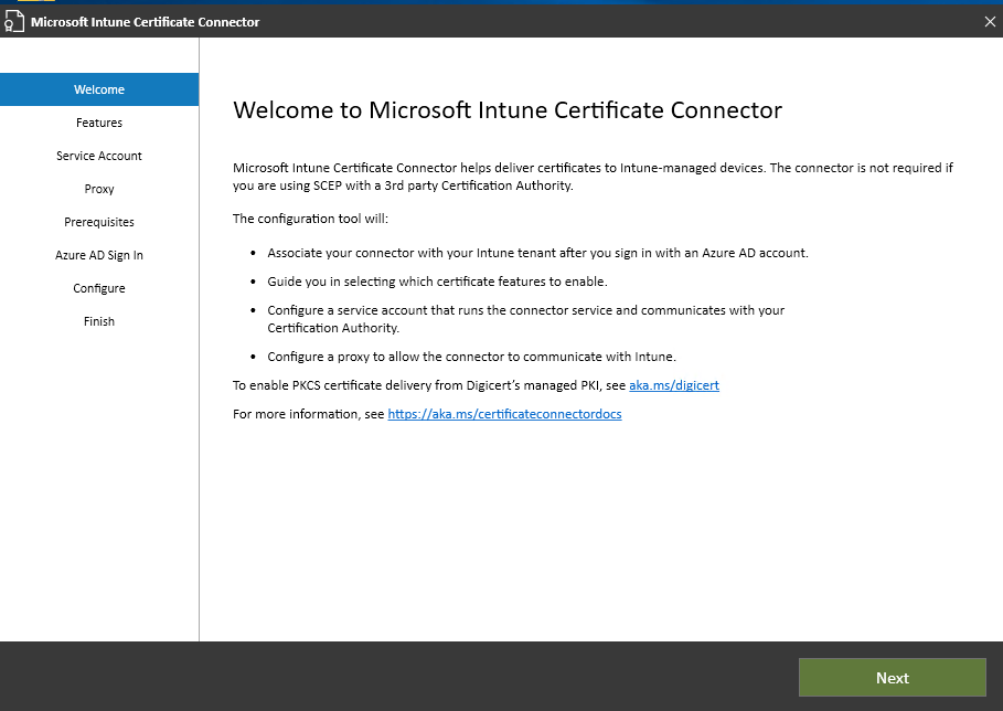 Welcome page of the Certificate Connector for Microsoft Intune wizard.