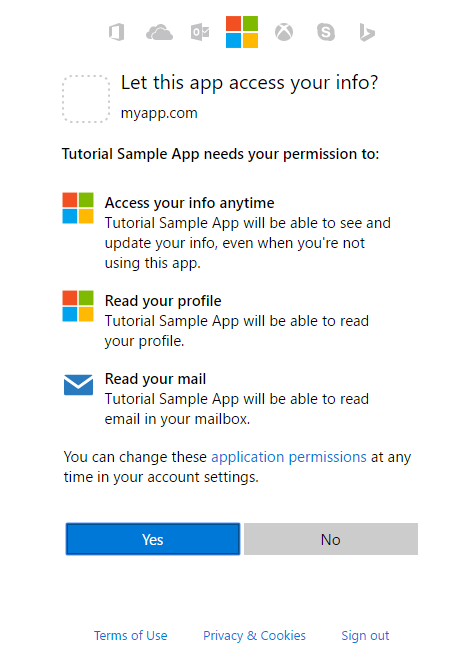 Consent dialog for Microsoft account