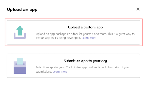 Screenshot shows the option to upload a custom app.