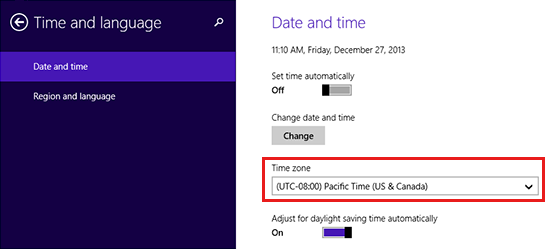 Screenshot that shows the Time and Language setting.