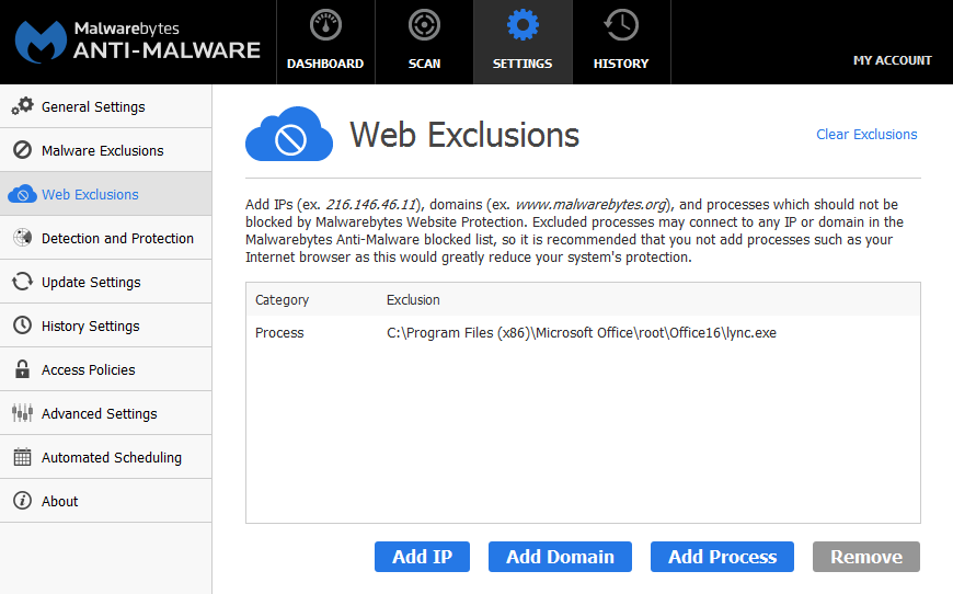 Screenshot that shows Lync app added to the Web Exclusions list in the Malware bytes settings page