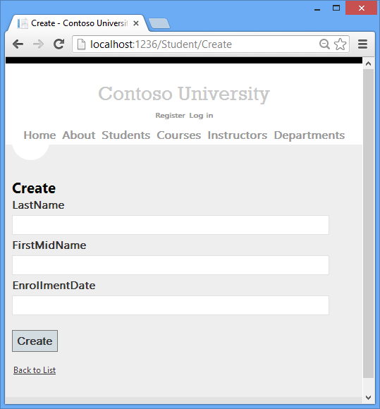 Screenshot showing the Contoso University Student Create page.