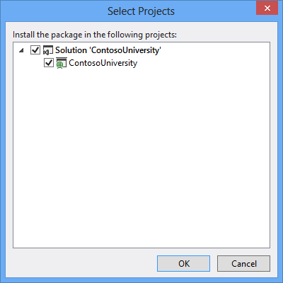 Screenshot that shows the Select Project dialog box. The O K button is selected.