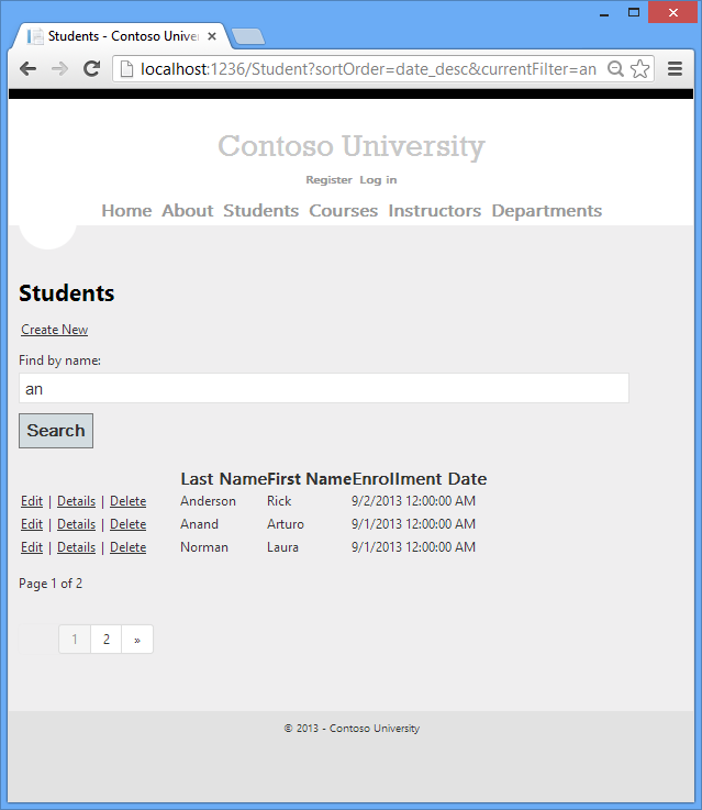 Screenshot that shows the Students Index page. The word an is entered in the Find by name search bar.