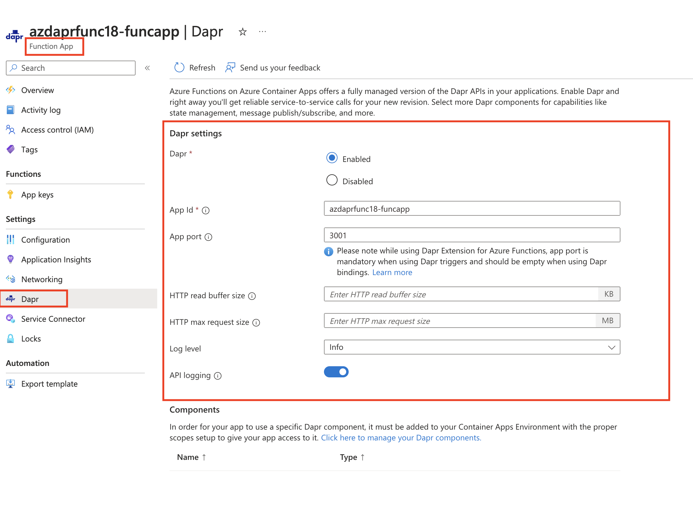 Screenshot demonstrating where to find Dapr enablement for a Function App in the Azure portal.