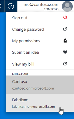 Screenshot showing select the directory at the top right of the Azure portal.