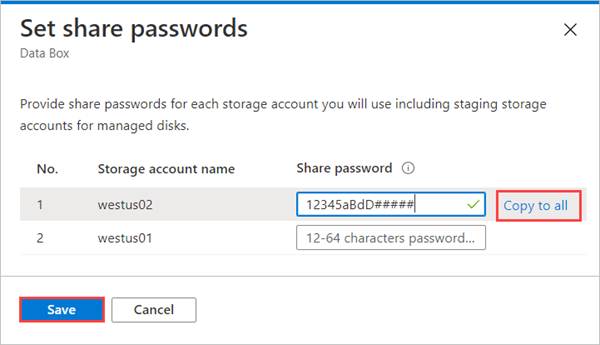 Screenshot of Set Share Passwords screen for a Data Box order. The Copy To All link and the Save button are highlighted.