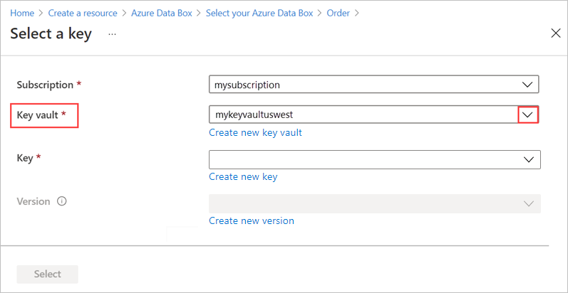 Screenshot of Encryption type settings on the Security tab for a Data Box order. The "Customer managed key" option and the "Select a key and key vault" link are selected.