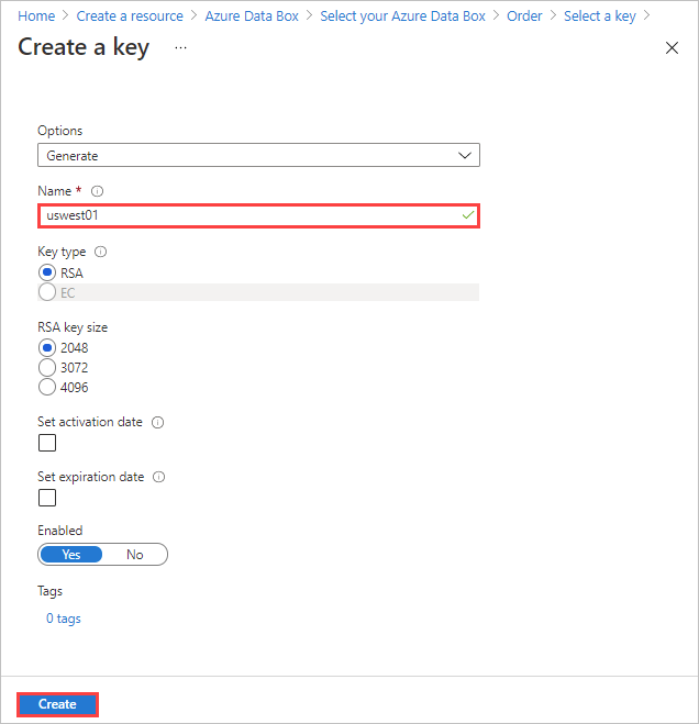 Screenshot of the "Create a Key" screen in Azure Key Vault with a key name entered. The Name field and the Create button are highlighted.
