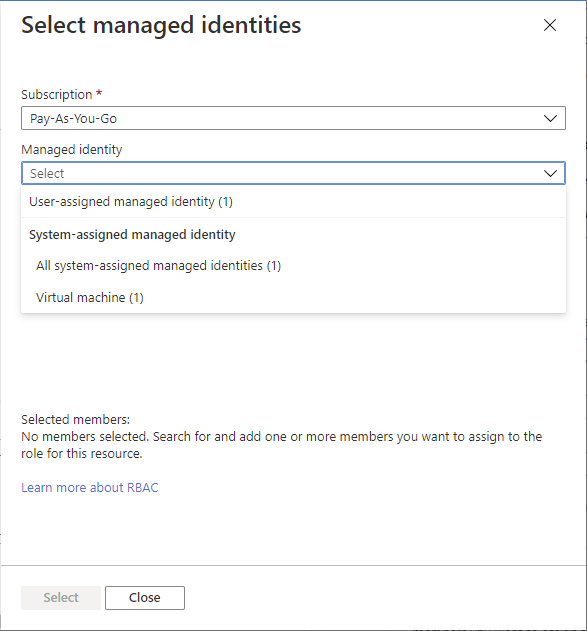 Screenshot of Select managed identities pane.