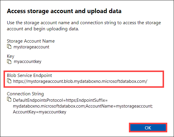 "Access storage account and upload data" dialog