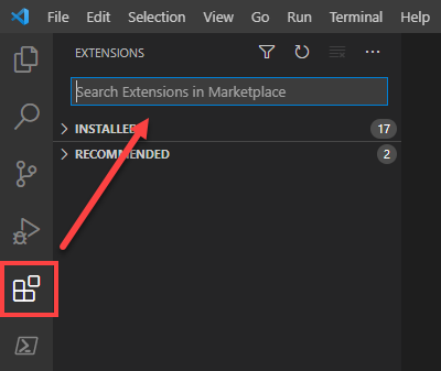 Screenshot showing the extensions icon and pointing to the Search Extensions in Marketplace search bar on VS code.