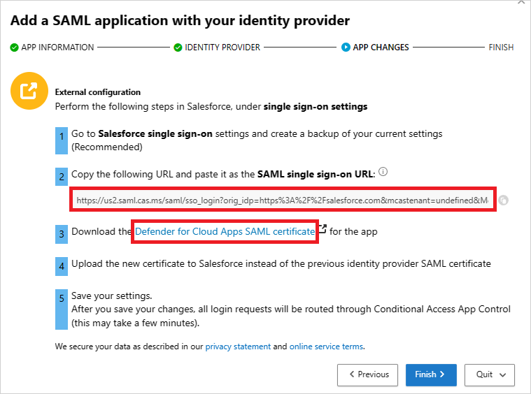 Note the Defender for Cloud Apps SAML SSO URL and download the certificate.