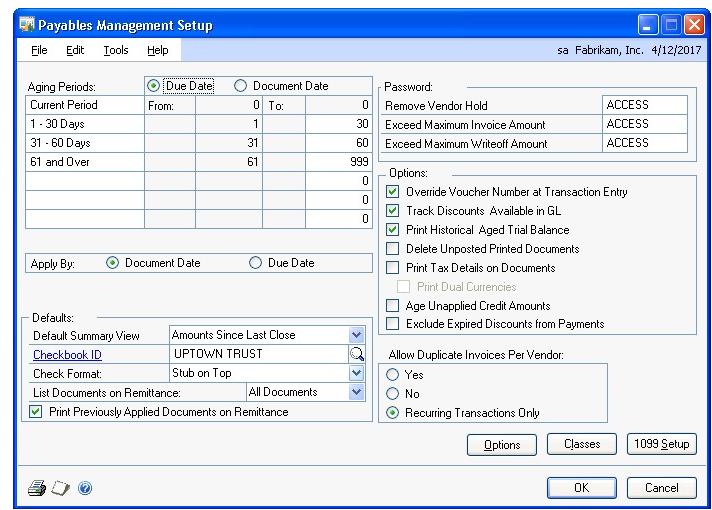 Screenshot shows the Payables Management Setup window.