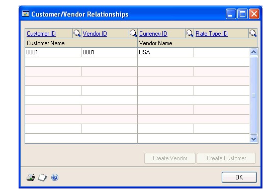 Screenshot shows the Customer/Vendor Relationships window.