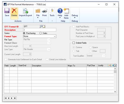 Screenshot shows setting up an EFT file format.