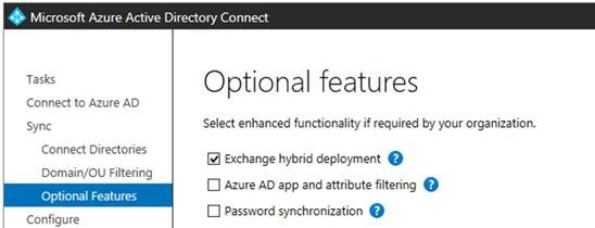 Screenshot of the optional features in Azure AD Connect dialog box.