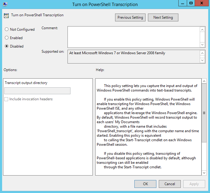 Screenshot of selecting Disabled for Turn on PowerShell Transcription window.