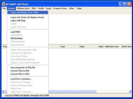 Screenshot of MFCMAPI x86 Build windows, showing the Session tab and Logon and Display Store Table option.