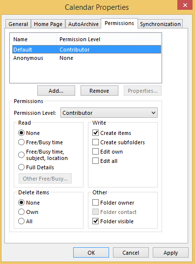 Screenshot shows the default permission level is set to Contributor, without offers any level of free/busy visibility.