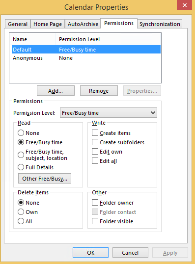 Screenshot of changing the default permission level to Free/Busy time.