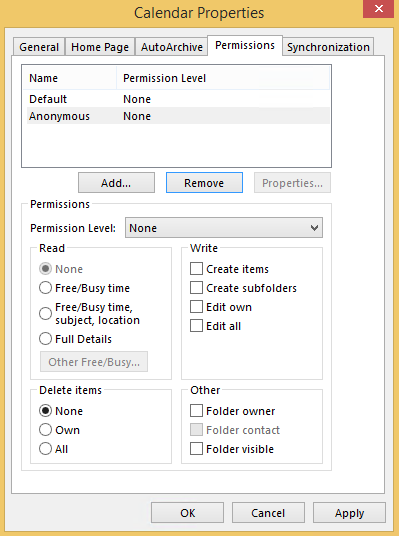 Screenshot shows the default permission level is set to None, without offers any level of free/busy visibility.