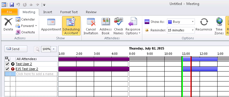 Screenshot shows remote users can see the free/busy data in Scheduling Assistant.