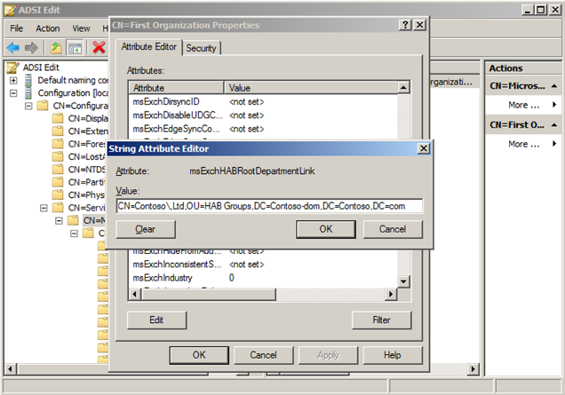 Screenshot of how to set a value to msExchHABRootDepartmentLink.