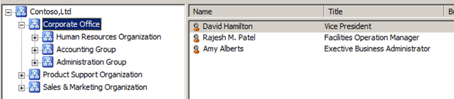Screenshot shows that David Hamilton is a Vice President of an organization named Corporate Office.