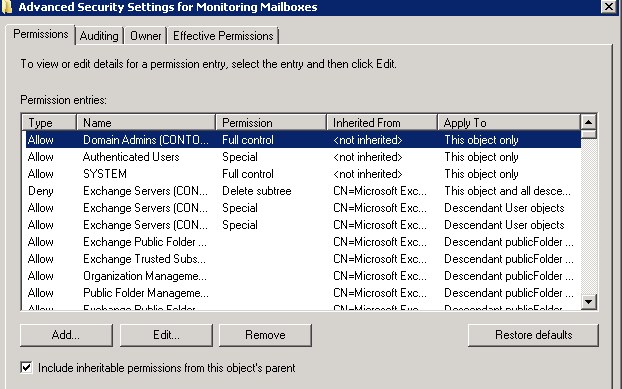 Screenshot of advanced security settings for monitoring mailboxes.