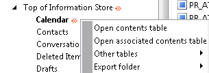 Screenshot of the Open contents table option of Calender.