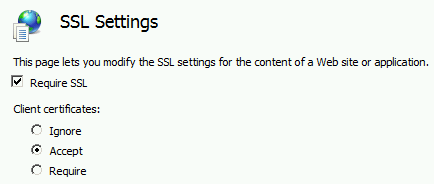 Screenshot of the S S L Settings page in the I I S Manager window.