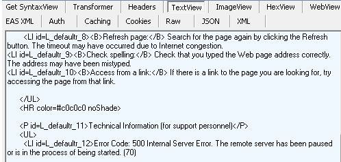 Screenshot of the TextView tab in the Fiddler trace analysis for errors section, which shows the response for additional details.