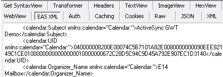 Screenshot of the EAS XML tab, which shows the request and response details.