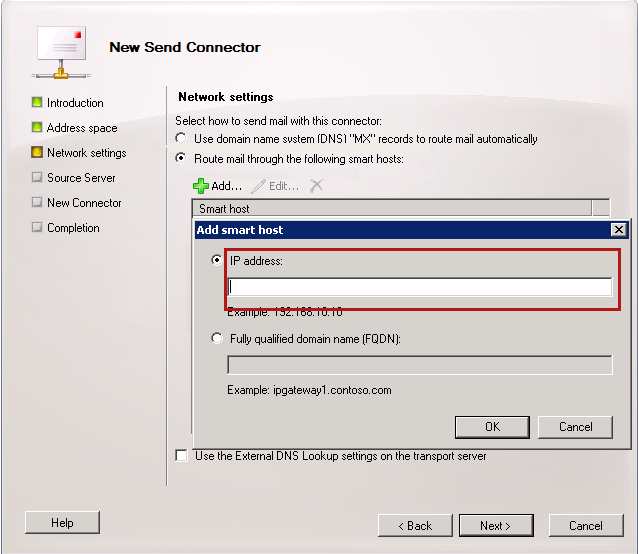 Screenshot of Selecting Route mail through the following smart hosts.