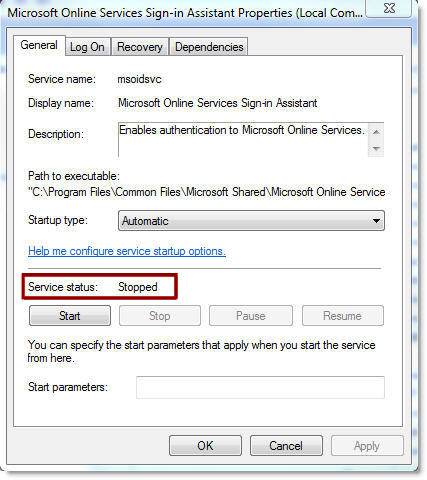 Screenshot of the Online Services Sign-in Assistant properties window, showing the Service status is started.