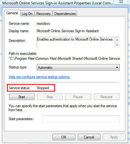 Screenshot of the Online Services Sign-in Assistant properties window, showing the Service status is stopped.