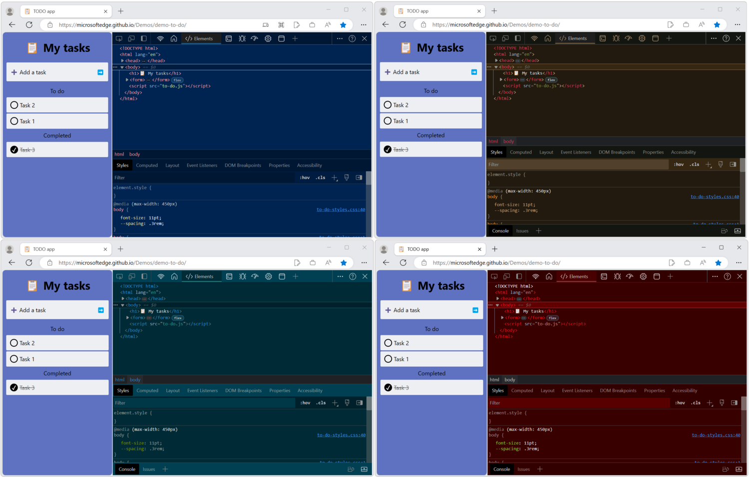 Four Microsoft Edge windows, each with DevTools opened, and each with a different DevTools color theme