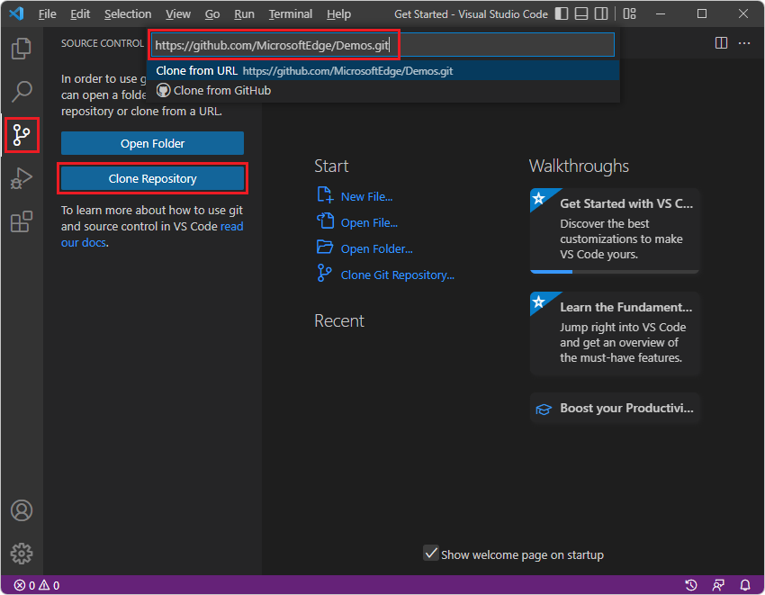 The Clone Repository button in Visual Studio Code